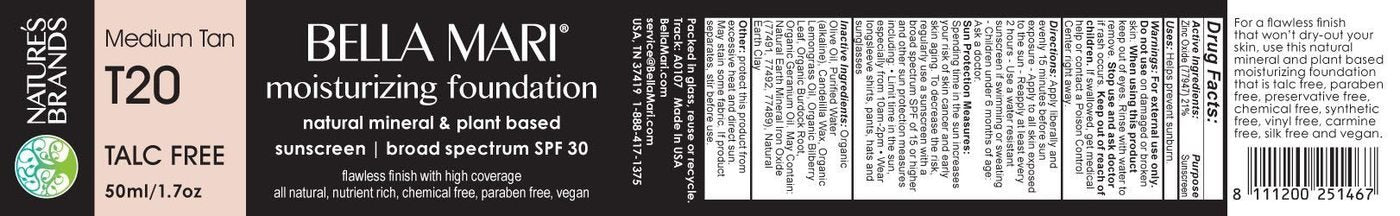 Bella Mari Moisturizing Foundation Talc Free Medium Tan T20 50ml/ 1.7oz Jar