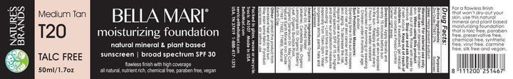 Bella Mari Moisturizing Foundation Talc Free Medium Tan T20 50ml/ 1.7oz Jar
