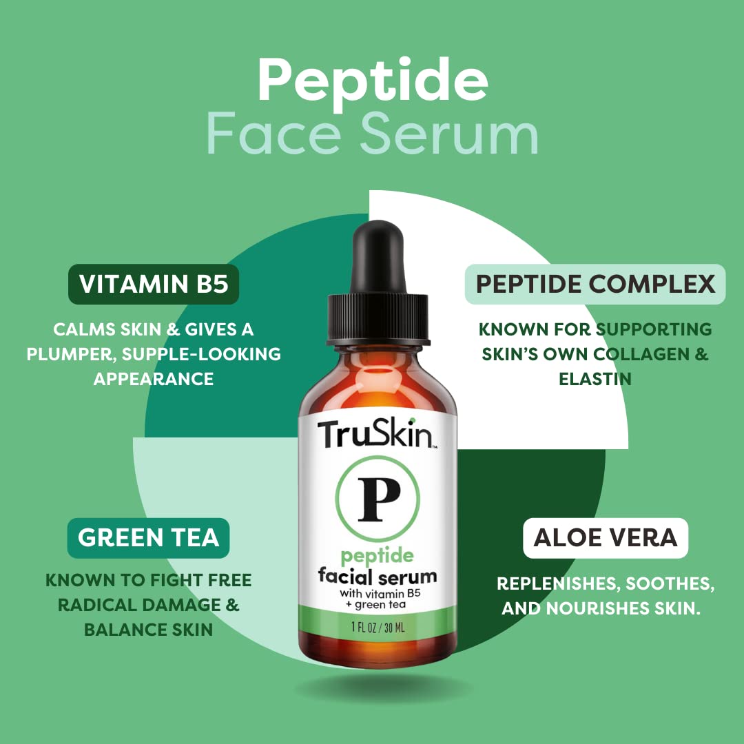 TruSkin Peptide Serum For Face – with Peptides, Amino Acids, Green Tea, Aloe and Vitamins B5 & E – Supports Skin Barrier and Skin’s Natural Collagen, for Firmer-Looking Skin, 1 fl oz