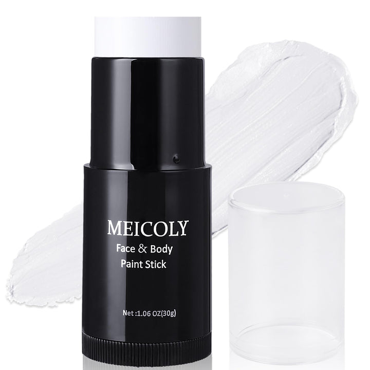 MEICOLY Clown White Face Body Paint Stick(1.06 Oz),Foundation Cream Makeup,Face Paint for Halloween Joker Zombie Vampire Skeleton Skull Special Effects Mime Makeup,White Eye Black Stick for Sports