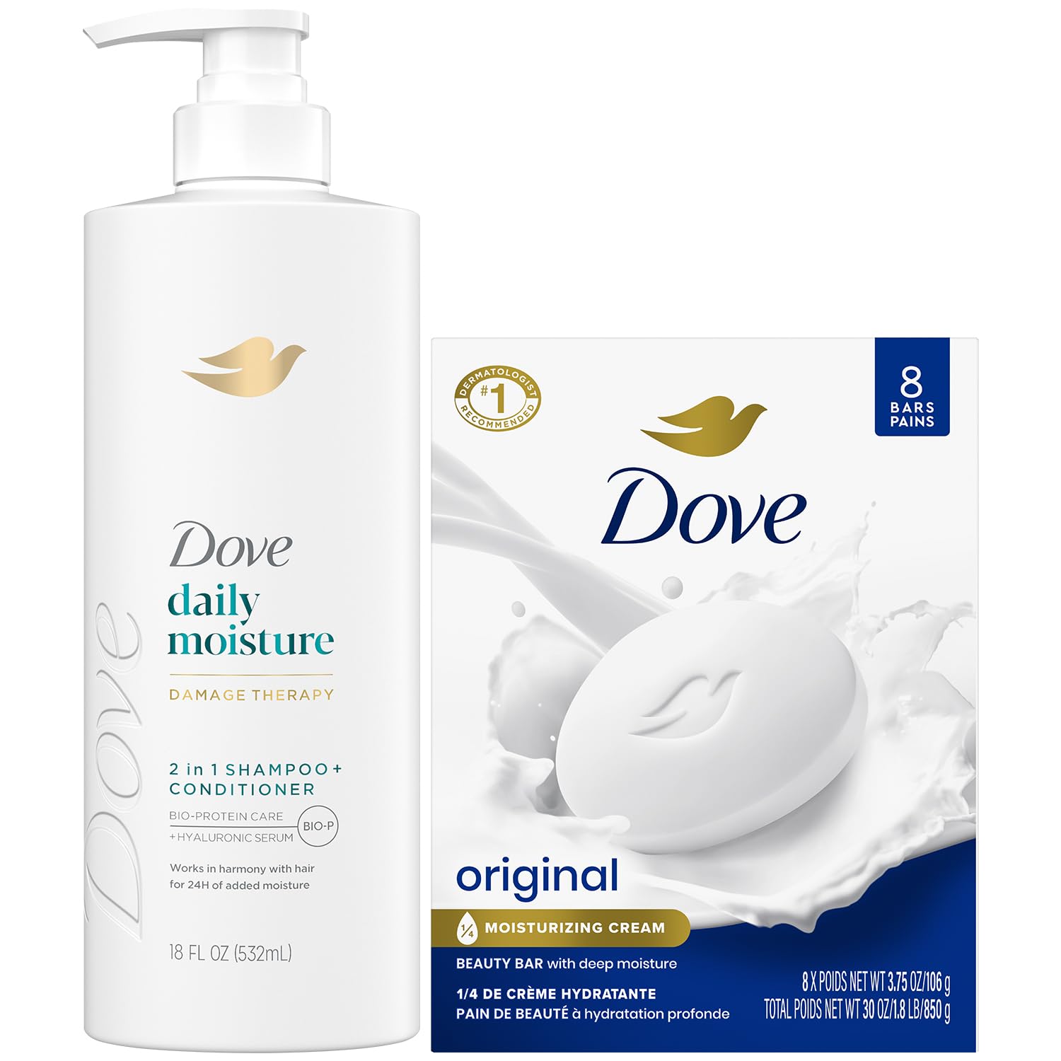 Dove Shampoo & Conditioner 2-in-1 + Dove Beauty Bar Soap 8-Pack – Deep Hydration for Revitalizing Dry Hair and Skin (9-Piece Set)