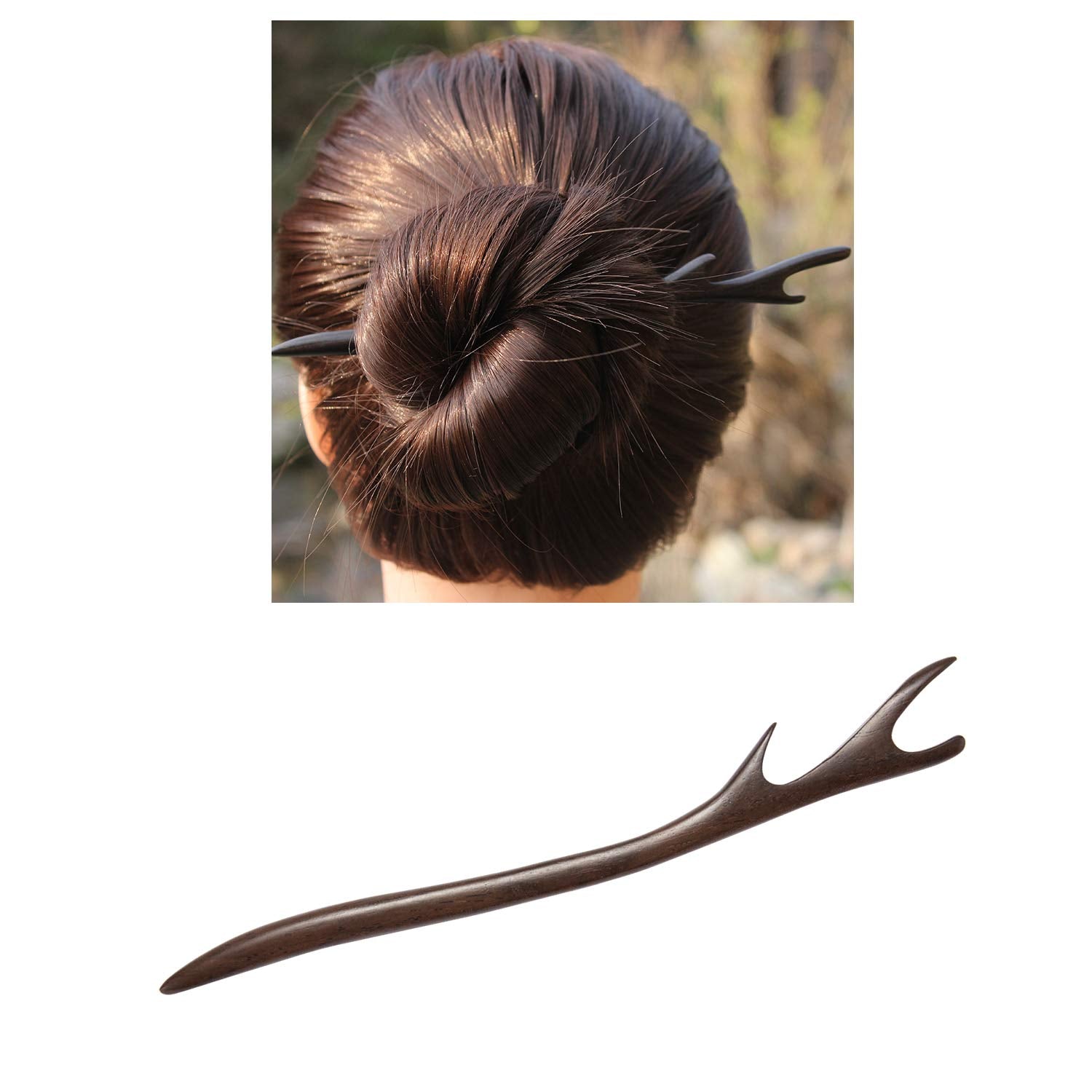 Lawie 7 Pack Handmade Chinese Japanese Black Wood Hair Pins Picks Wooden Carved Long Fork Pen Hairpins Sticks Clips Barrettes for Hair Bun