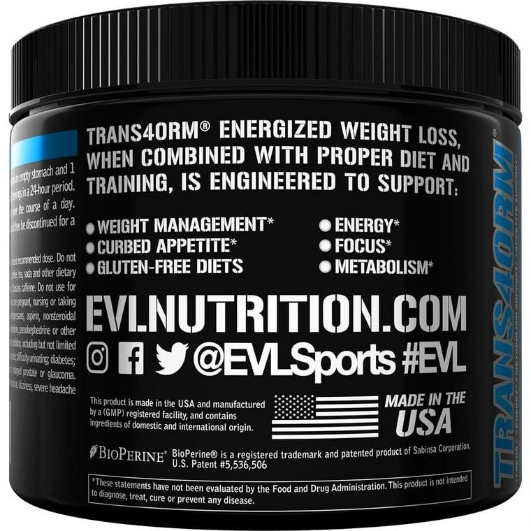 Evlution Thermogenic Fat Burning Support Powder Nutrition Trans4orm Fast Acting Energy Powder to Support Fast Metabolism Weight Loss and Mental Focus with CLA Carnitine and Alpha GPC - Blue Raz