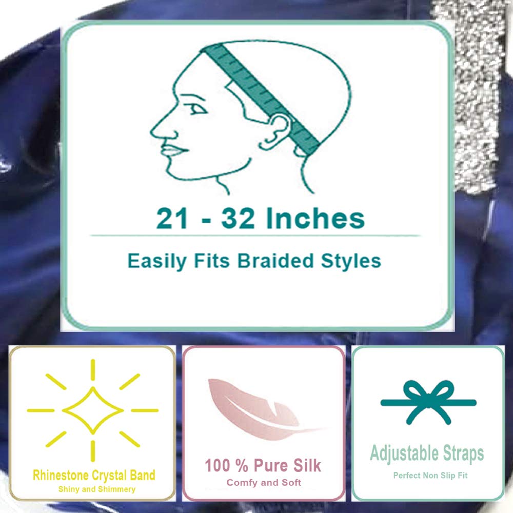 Imprint By Mau Large Size Soft Silk Bling Bonnet Sleep Cap, Extra Large for Braids, Satin Smooth Rhinestone Night Hat with Wide Comfort Band, Prevents Hair Damage and Frizz (Royal Blue)
