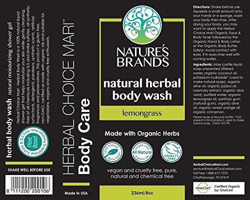 Herbal Choice Mari Natural Herbal Body Wash Lemongrass 236ml/ 8oz Squeeze Bottle (Made with Organic)