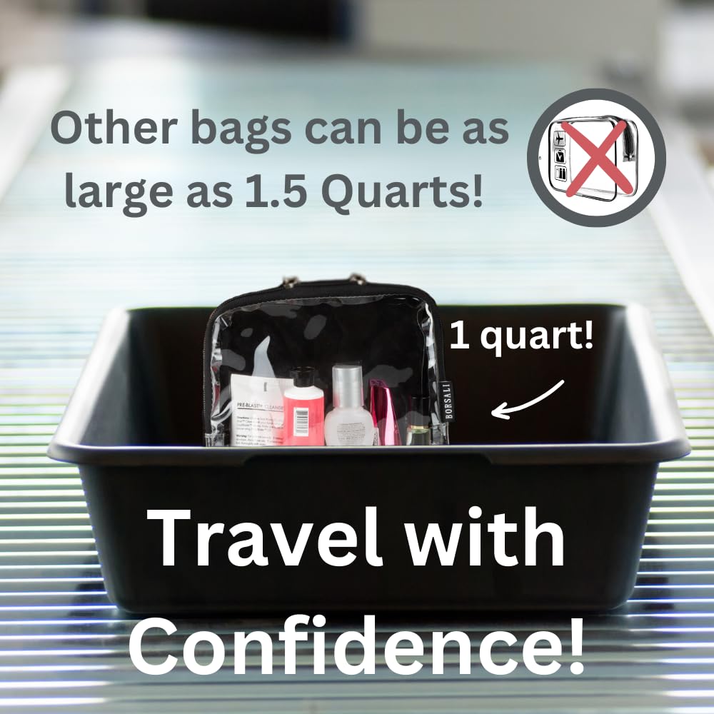BORSALI TSA Quart Size Bag Approved for Carry On Travel - One (1) Quart Clear Toiletires, Cosmetic and 3-1-1 Liquids Toiletry Bag