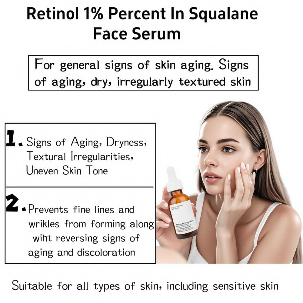 Retinol 1% In Squalane Serum For Face,Apply to Anti-aging, Reduce Wrinkles, Fine Lines, Moisturizer, Smooth Skin, Effective Against The Signs of Age, Retinol Serum 30ml