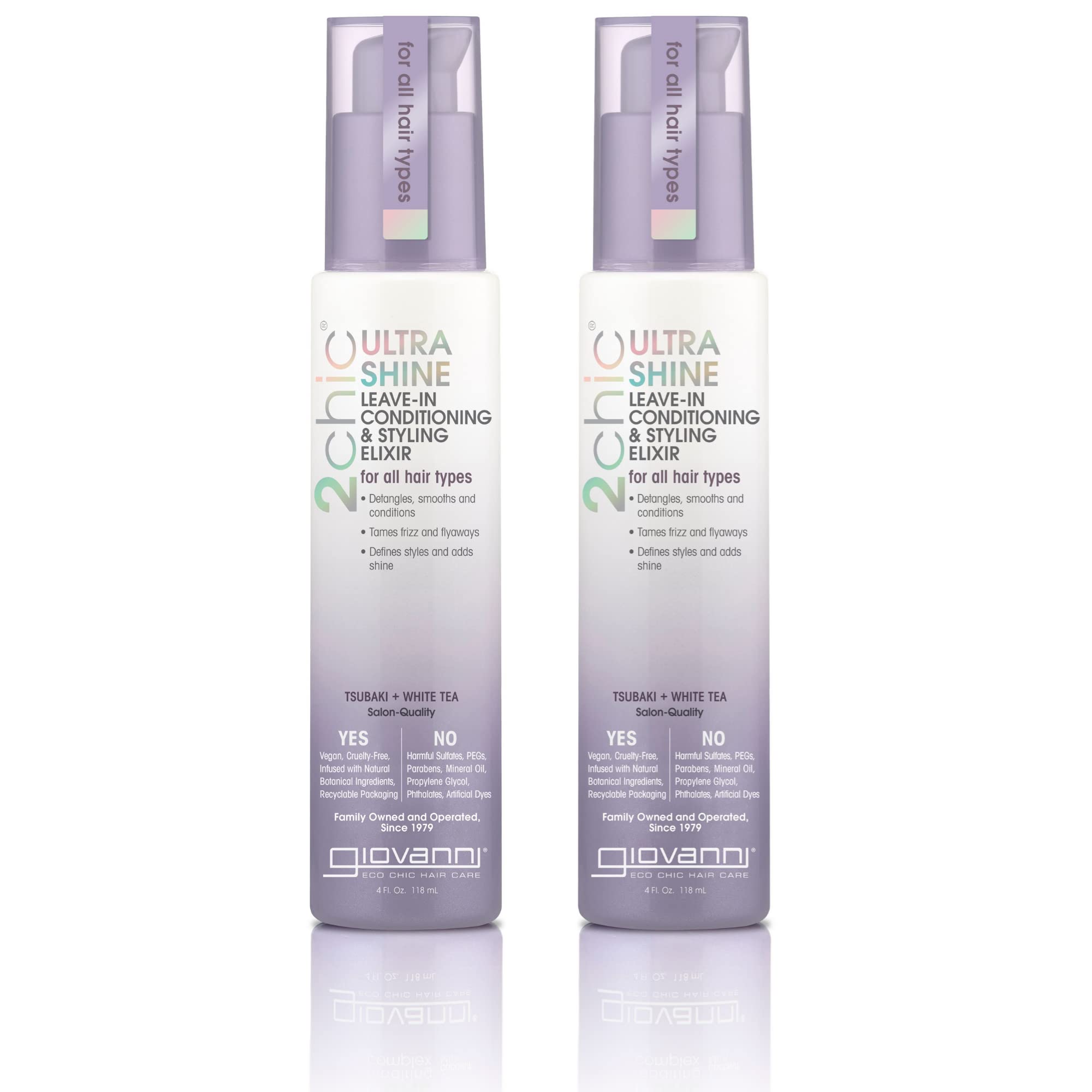 GIOVANNI 2chic Ultra Shine Leave-In Conditioning & Styling Elixir - Hair Serum for All Hair Types, Leave in Hair Treatment, Tsubaki Seed Oil & White Tea, Detangles, Smooths & Conditions - 4oz (2 Pack)