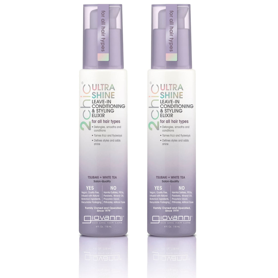 GIOVANNI 2chic Ultra Shine Leave-In Conditioning & Styling Elixir - Hair Serum for All Hair Types, Leave in Hair Treatment, Tsubaki Seed Oil & White Tea, Detangles, Smooths & Conditions - 4oz (2 Pack)