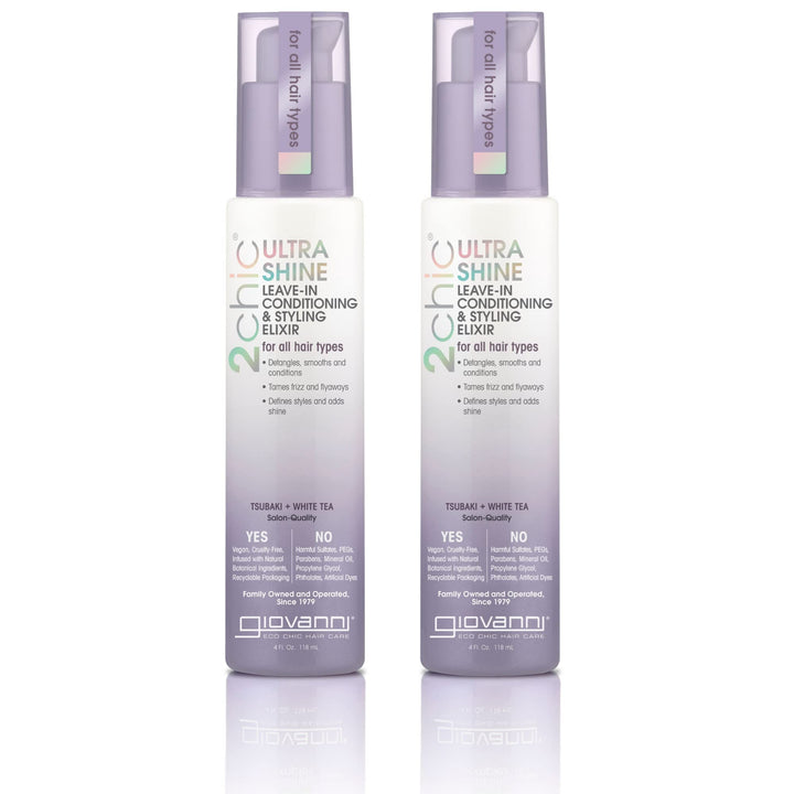 GIOVANNI 2chic Ultra Shine Leave-In Conditioning & Styling Elixir - Hair Serum for All Hair Types, Leave in Hair Treatment, Tsubaki Seed Oil & White Tea, Detangles, Smooths & Conditions - 4oz (2 Pack)