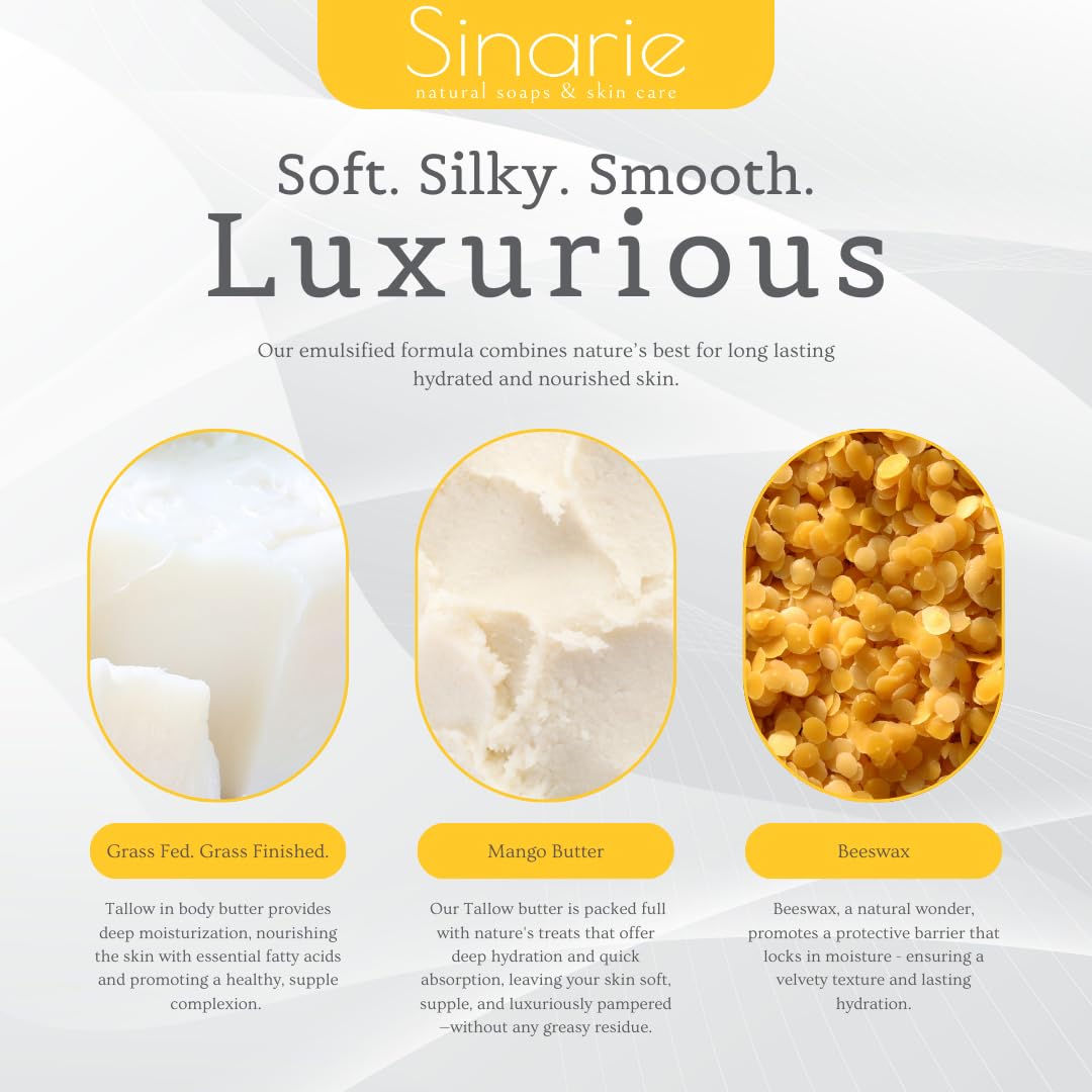 Sinarie Grass-Fed Beef Tallow Body Butter - Emulsified, Non-Greasy Moisturizer, 4 oz Soaps & Skin Care (4 oz., Unscented)