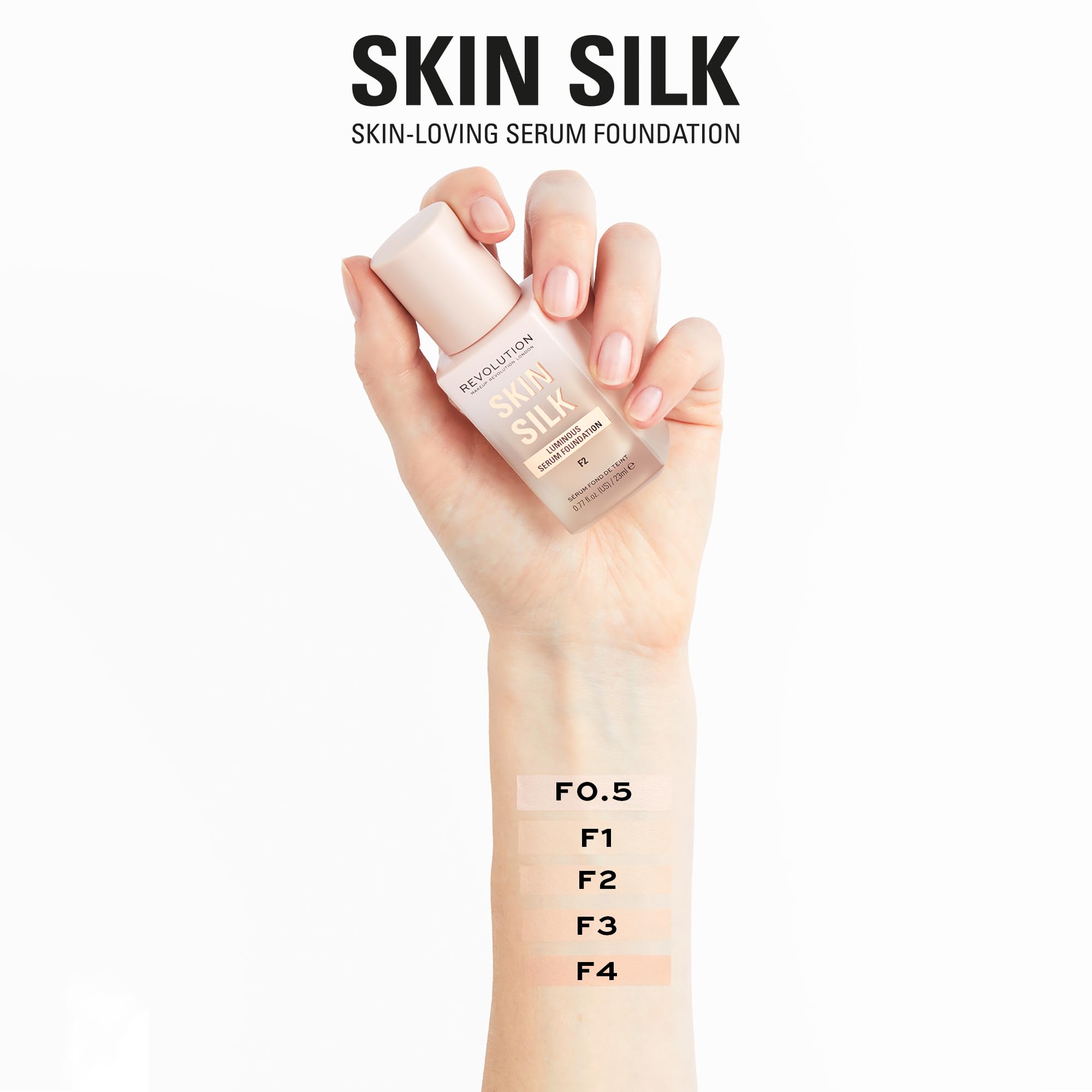 Revolution Beauty, Skin Silk Serum Foundation, Light to Medium Coverage, Lightweight & Radiant Finish, Contains Hyaluronic Acid, F2 Fair Skin Tones, 0.77 Fl. Oz.