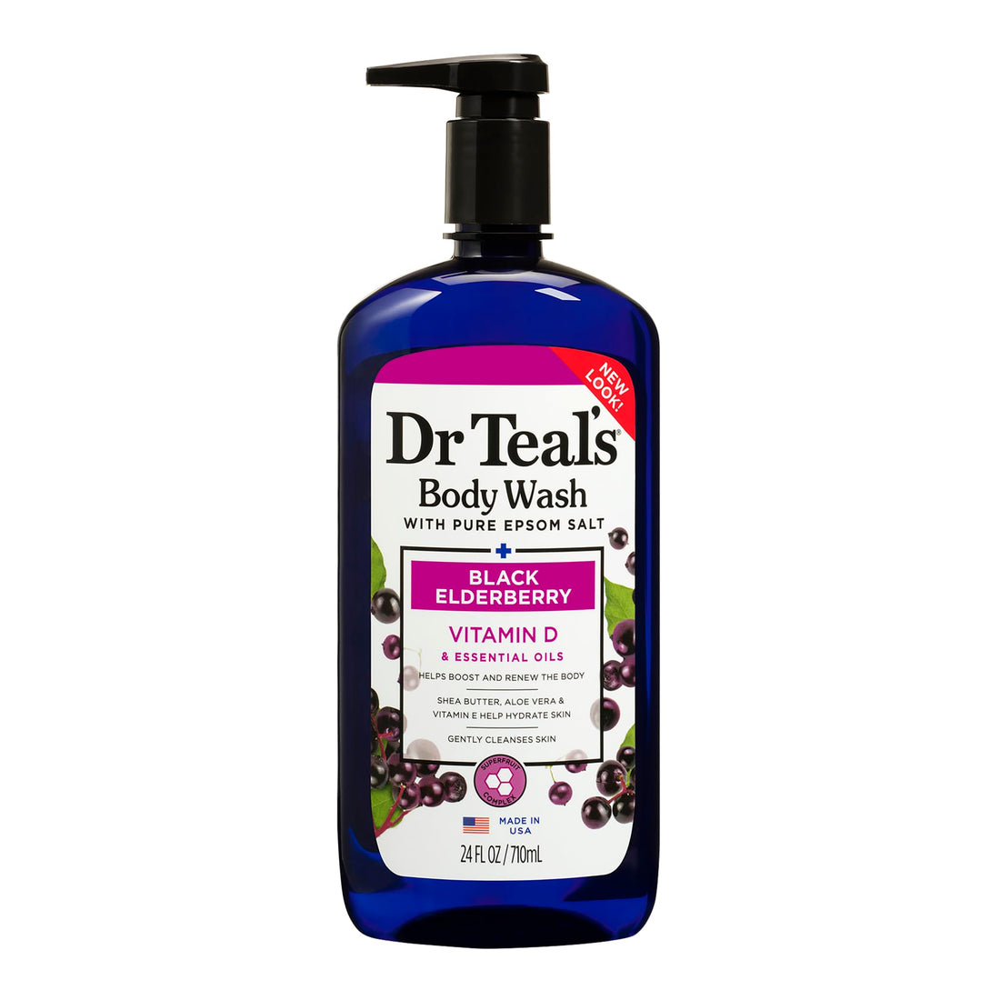 Dr Teal's Body Wash with Pure Epsom Salt, Black Elderberry with Vitamin D & Essential Oils, 24 fl oz