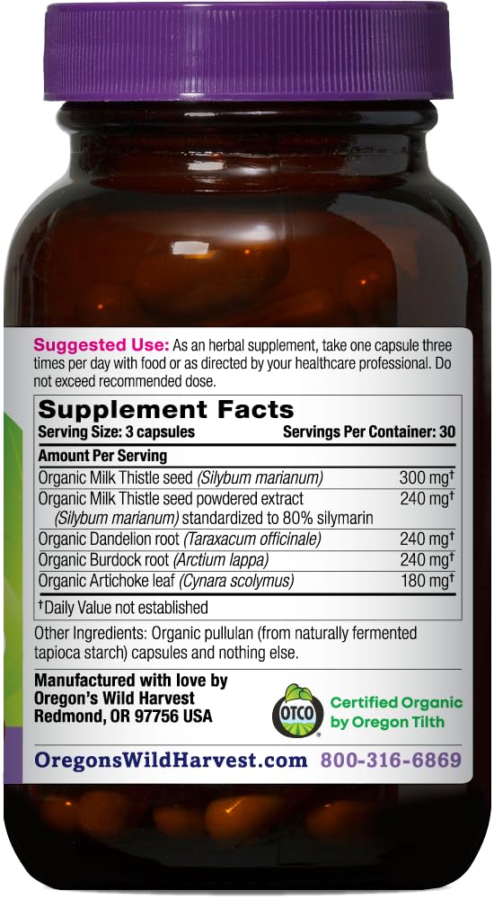Oregon's Wild Harvest Certified Organic Milk Thistle Dandelion Capsules, 80% Silymarin, Burdock and Artichoke, 90 Count
