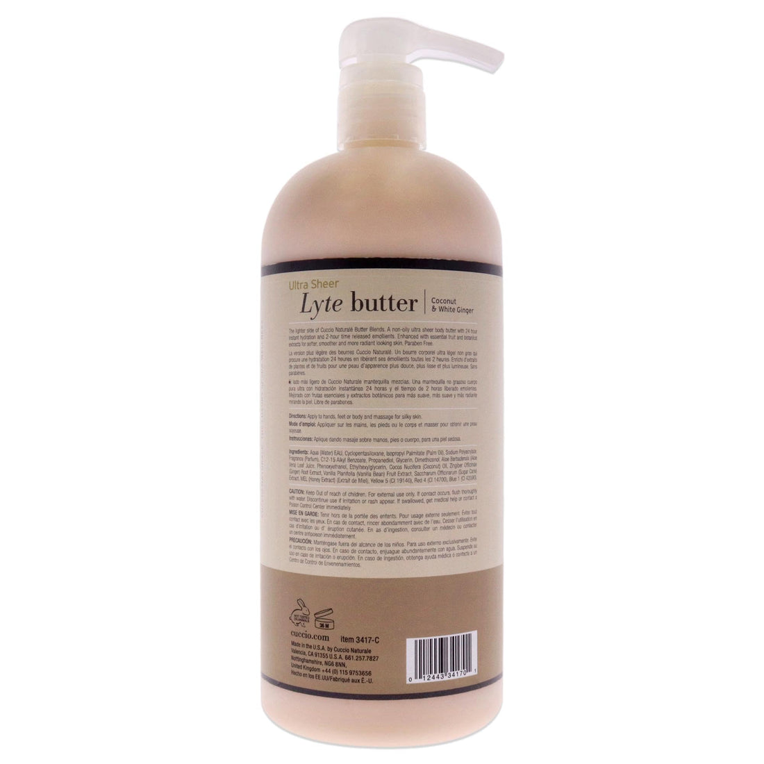 Cuccio - Ultra Sheer Lyte Butter - Coconut and White Ginger - for Unisex - Body Butter - 32 oz