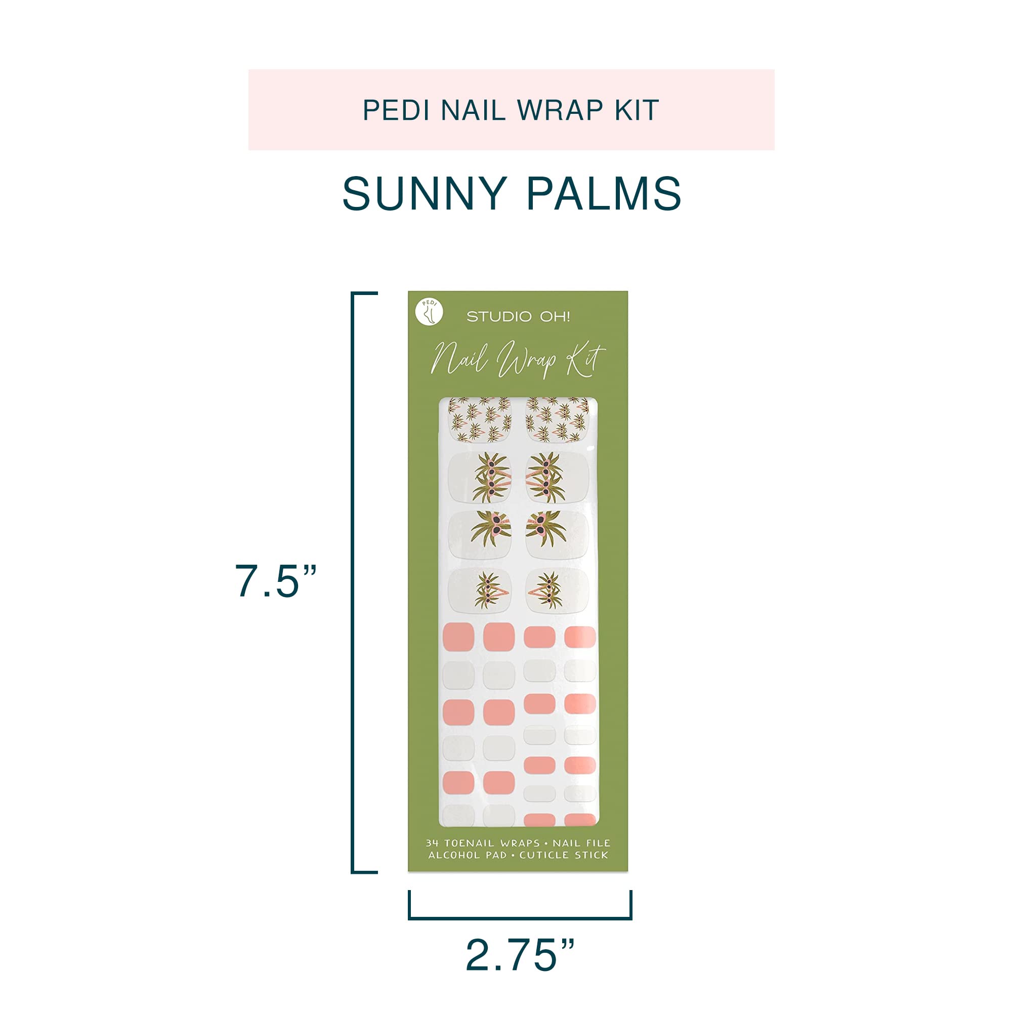 Studio Oh! Pedi Nail Wrap Kit - 22 Decorative Nail Wraps & Stickers, Various Designs & Colors with Application Tools - Easy Apply, Lasts up to 1 Month, Chip-Resistant - Sunny Palms