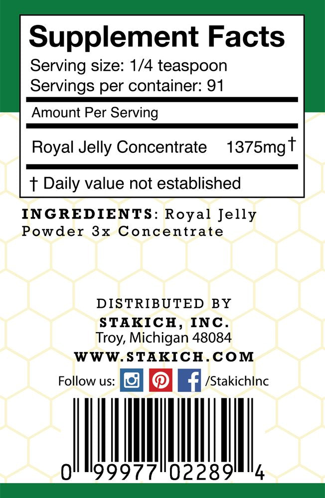 Stakich Royal Jelly Powder - 4 Ounce - 3X Concentrate - Freeze Dried, Pure, Natural