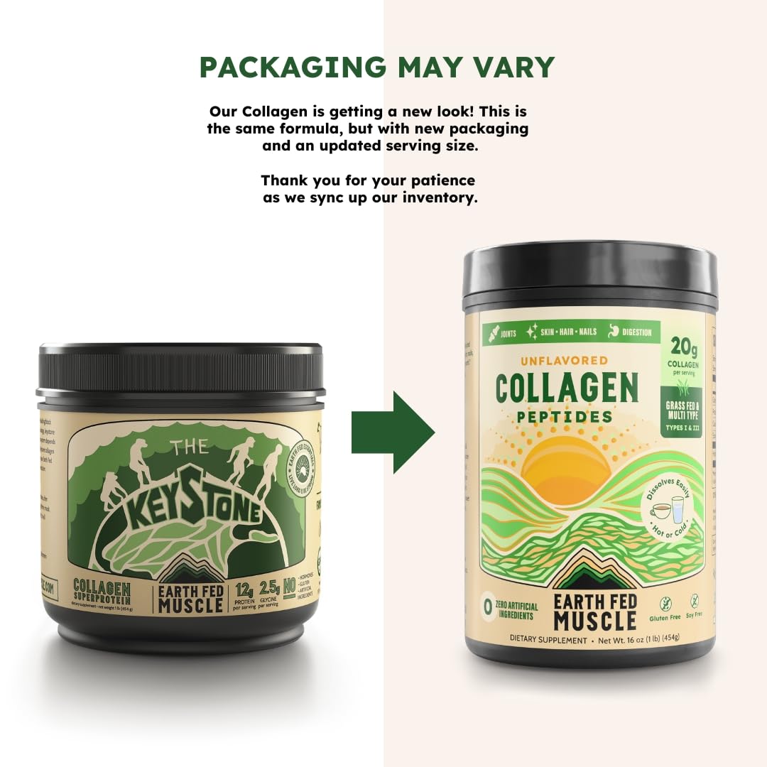 Earth Fed Muscle Unflavored Collagen Peptides Powder - 20g Protein Per Serving - Supports Hair, Skin, Nails, Joints & Recovery - Sugar-Free, Soy-Free, Gluten-Free, Paleo & Keto Friendly