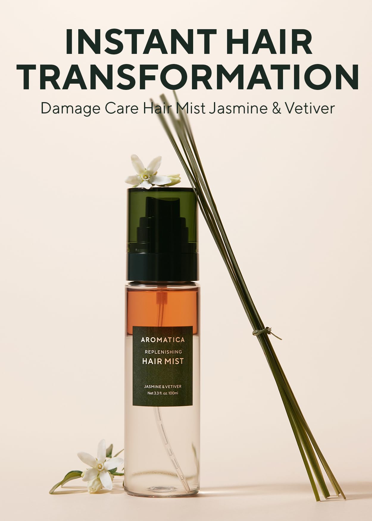 AROMATICA REPLENISHING HAIR MIST JASMINE & VETIVER 3.3fl oz/100ml - Leave In Conditioner Spray & Hair Perfume for Women - Silicone-Free, Detangling, Smoothing & Moisturizing, with Essential Oils