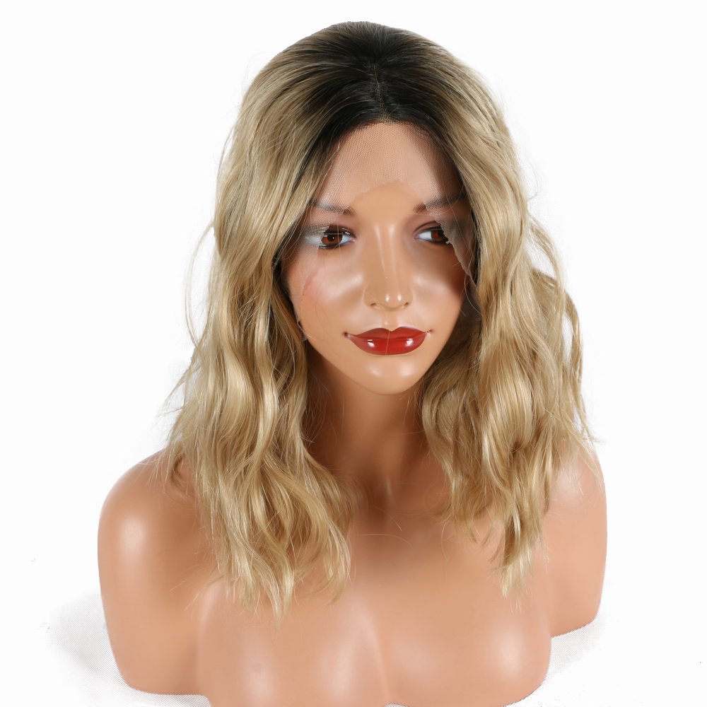 Blonde Short Bob Wigs Ombre Dark Roots Two Tone Heat Resistant Synthetic Lace Front Wigs For Drag Queen Natural Wave Middle Part Women Girls Replacement Short Hair Shoulder Length 14inches