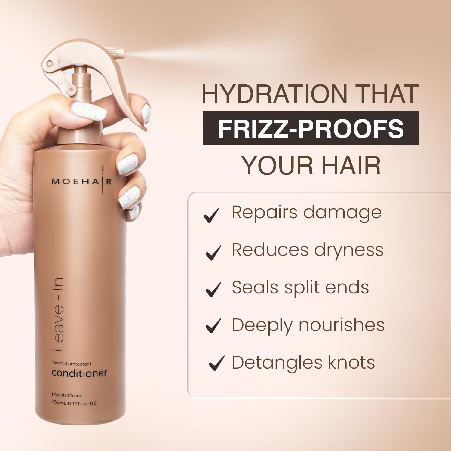 MOEHAIR Leave-in Conditioner (12 Fl. Oz.) | Infused with Proteins and Argan Oil | Curly Hair Detangler Spray For Women & Men | Hair Softener | Breakage and Split End Repair | Sulfate and Paraben Free