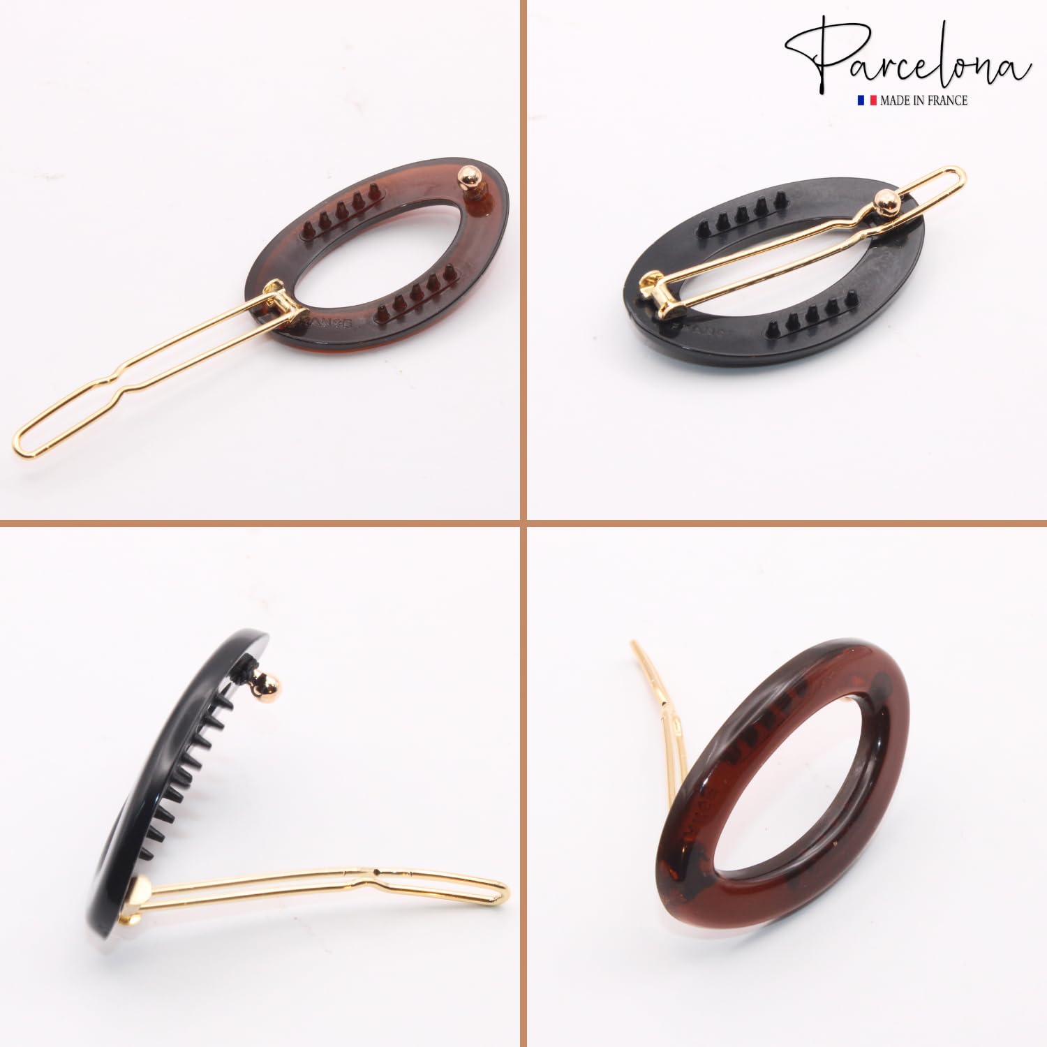 Parcelona French Eggie Oval Shell Black Mini Celluloid Acetate Side Slide Barrette Snap on Hair Clips - 4 Pieces