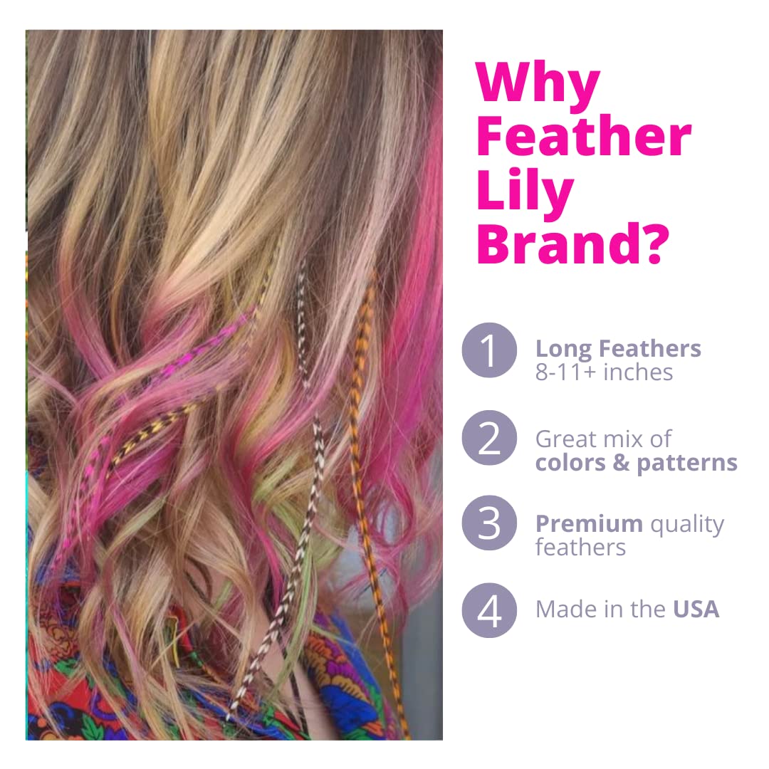 Feather Hair Extensions, 100% Real Rooster Feathers, Long Rainbow Colors, 20 Feathers with Bonus FREE Beads and Loop Tool Kit, By Feather Lily RAIN