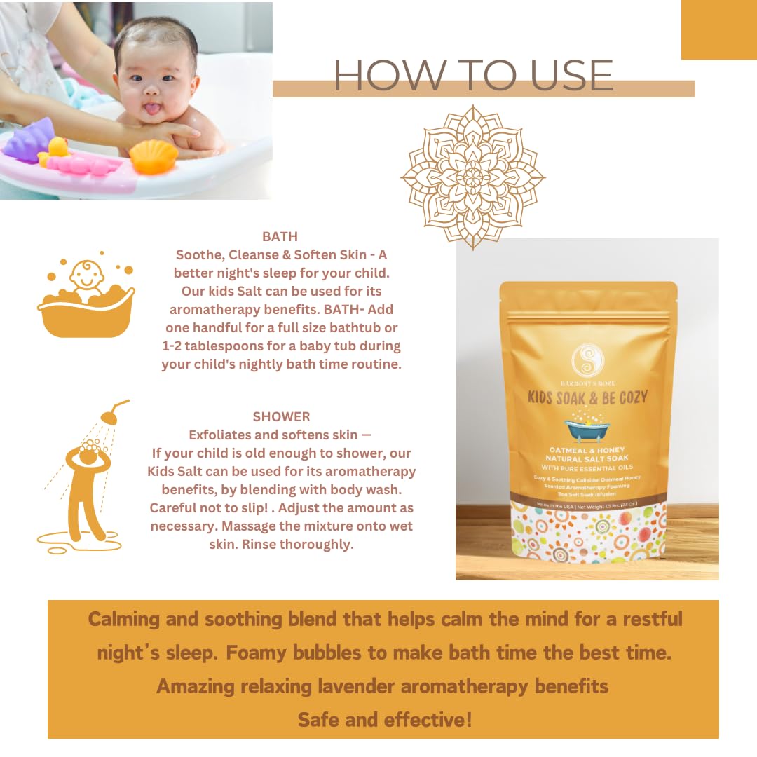 Harmony N More Oatmeal Honey Kids Bath Salts - Organic Bath Soak for Baby Essentials, Natural Bath Salt, Soothing & Gentle Skin Care for Babies, Toddlers, and Children - 24oz.