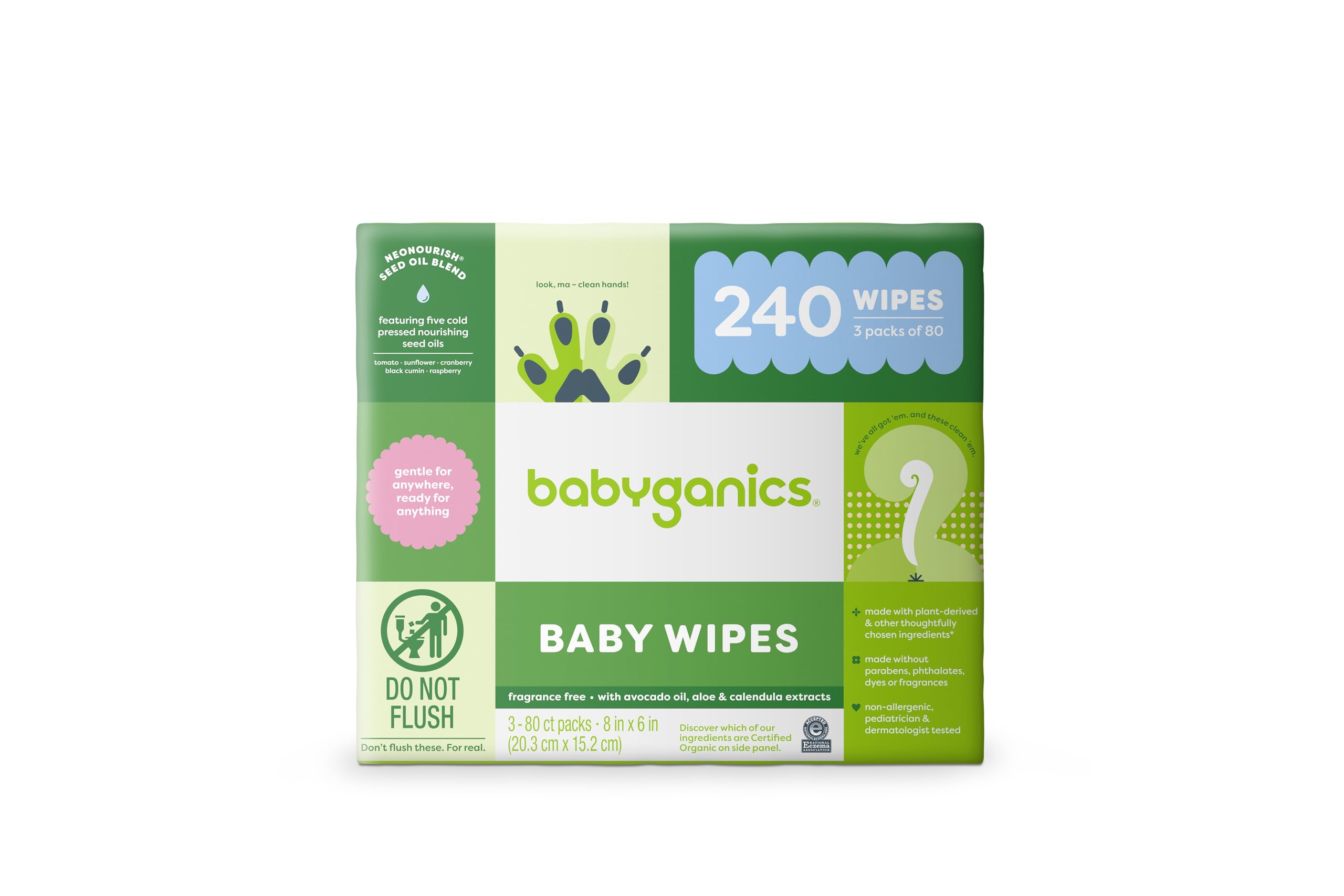 Baby Wipes, Babyganics Unscented Diaper Wipes, 240 Count, (3 Packs of 80), Non-Allergenic and formulated with Plant Derived Ingredients