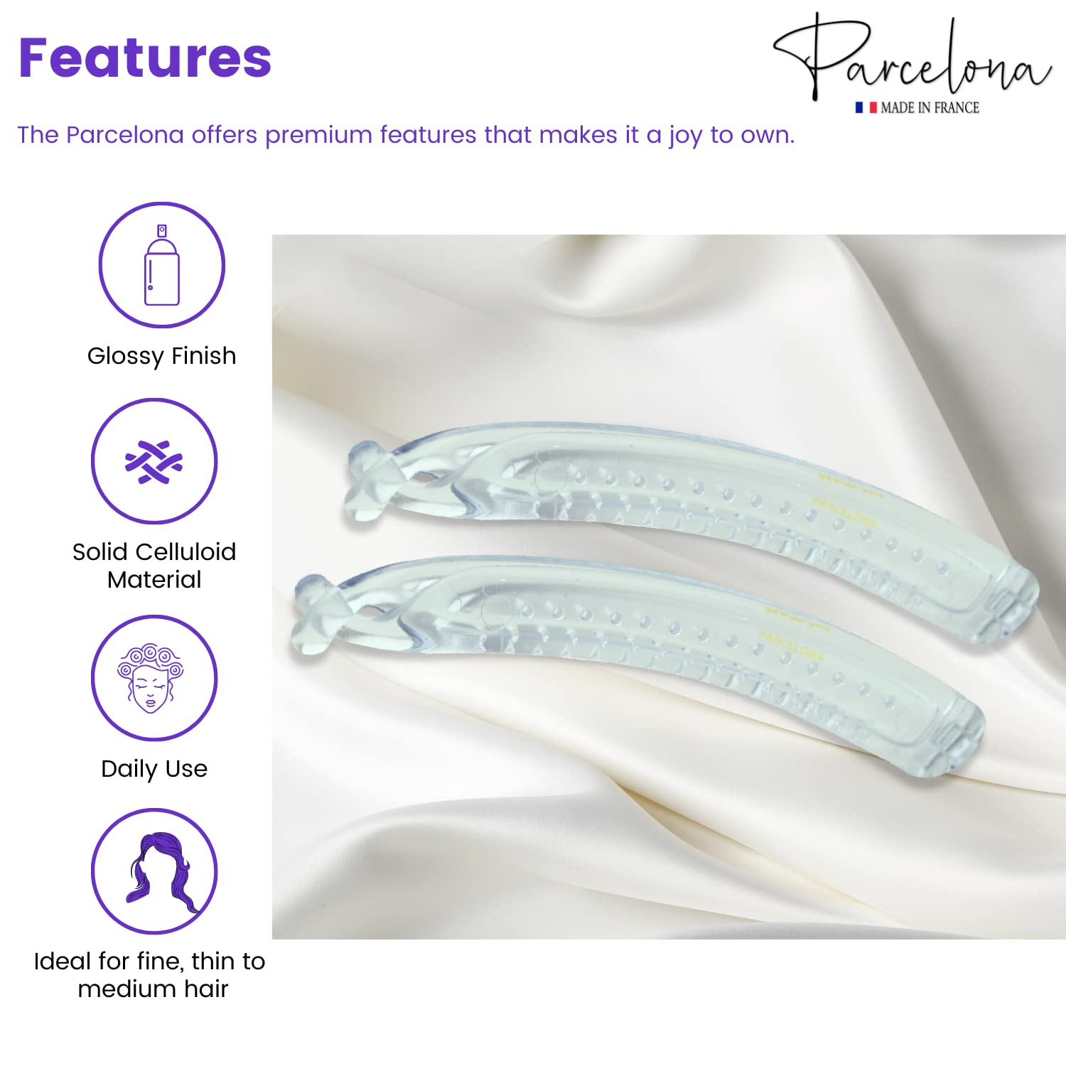 Parcelona French Small 3 Ã‚¾ââ‚¬Â Celluloid Set of 2 French Banana Hair Clip Flexible Ponytail Holder Fashion Durable Styling Paris Hair Accessories for Women, Made in France (Clear)