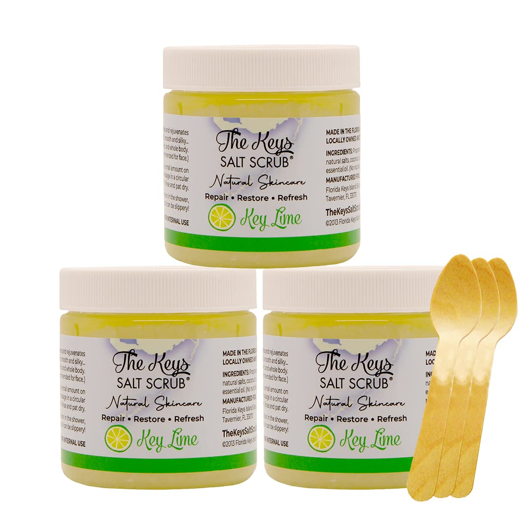 The Keys Sea Salt Scrub–Exfoliating Body Scrub with Wooden Spoon – Organic Florida Key Lime Face, Hand, Foot & Bikini scrub– Sea Salt Body Exfoliator with Essential Oils (Key Lime, 3.4 oz - 3 Pack)