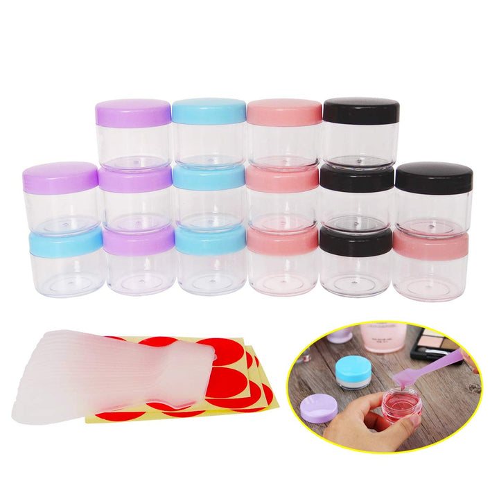 GreatforU Multi-Colored: 16Pcs 20 Gram 20Ml Jars, Small Cosmetic Sample Empty Container, Plastic Round Pot Screw Cap Lid, Tiny 20G Bottle for Makeup, Eye Shadow, Nails, Powder, Jewelry, Fre