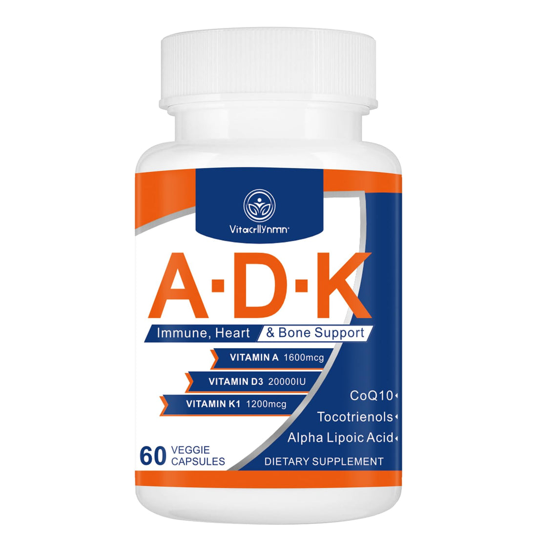 VITACRLLYNMN ADK Vitamin Supplement 20000 IU - High Potency Vitamins A, D3 and K1 for Heart, Bone Health and Immune Support Vitamin ADK 60 Capsules