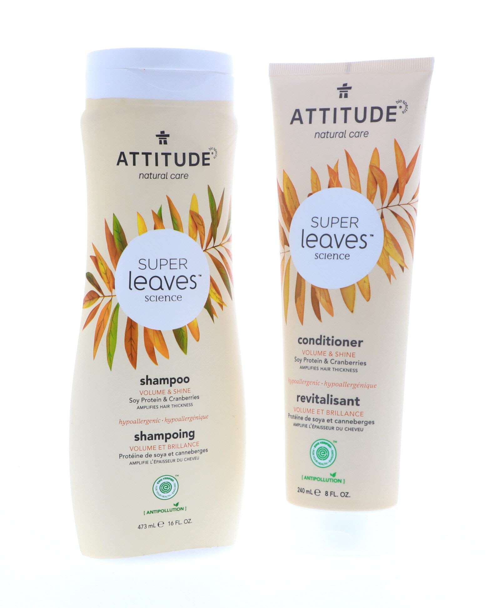 ATTITUDE Super Leaves Volume and Shine Shampoo and Conditioner- Soy Protein and Cranberries Bundle With Vitamin B5, Watercress, Indian Cress, and Raspberry, 16 fl. oz. and 8 oz.
