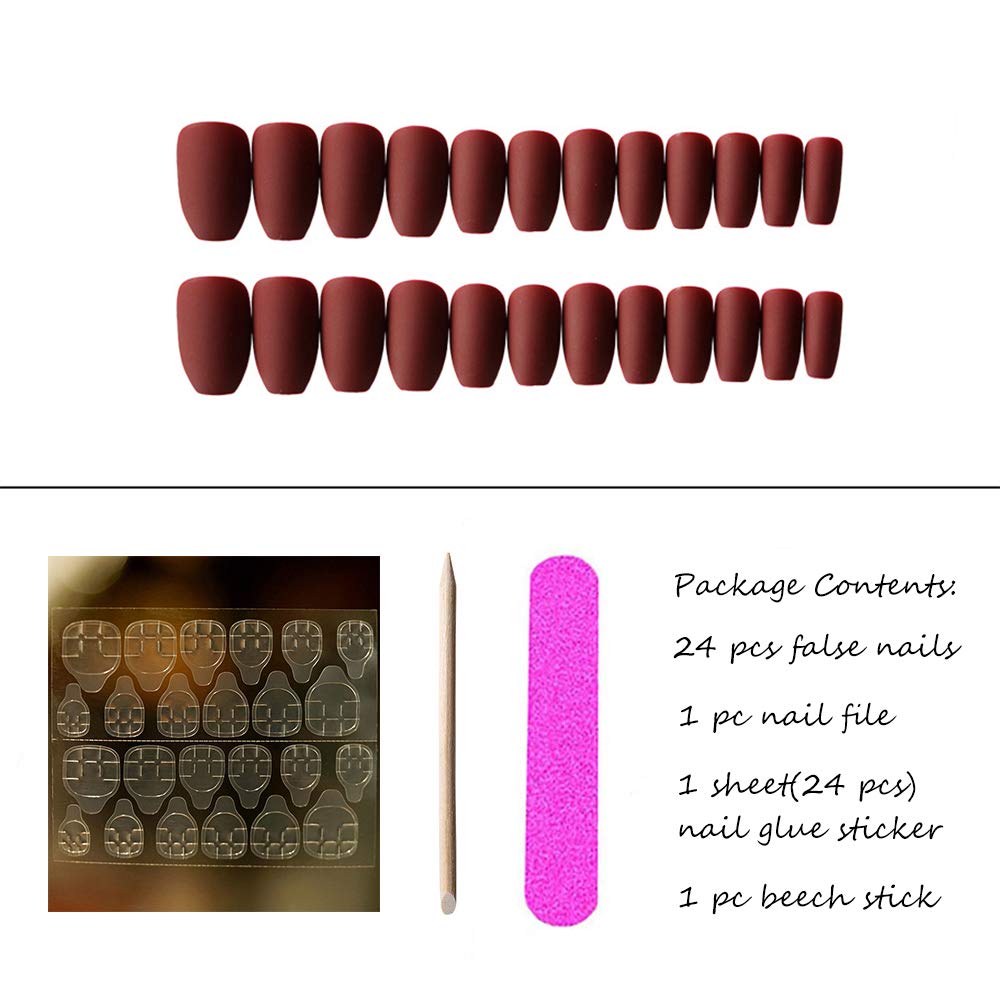 Aimimier 24Pcs Ballerina Matte False Nail Medium Pure Color Full Cover Square Coffin Nails with Glue Sticker Boho Clip on Nails Art Tips Set for Women and Girls (Burgundy)