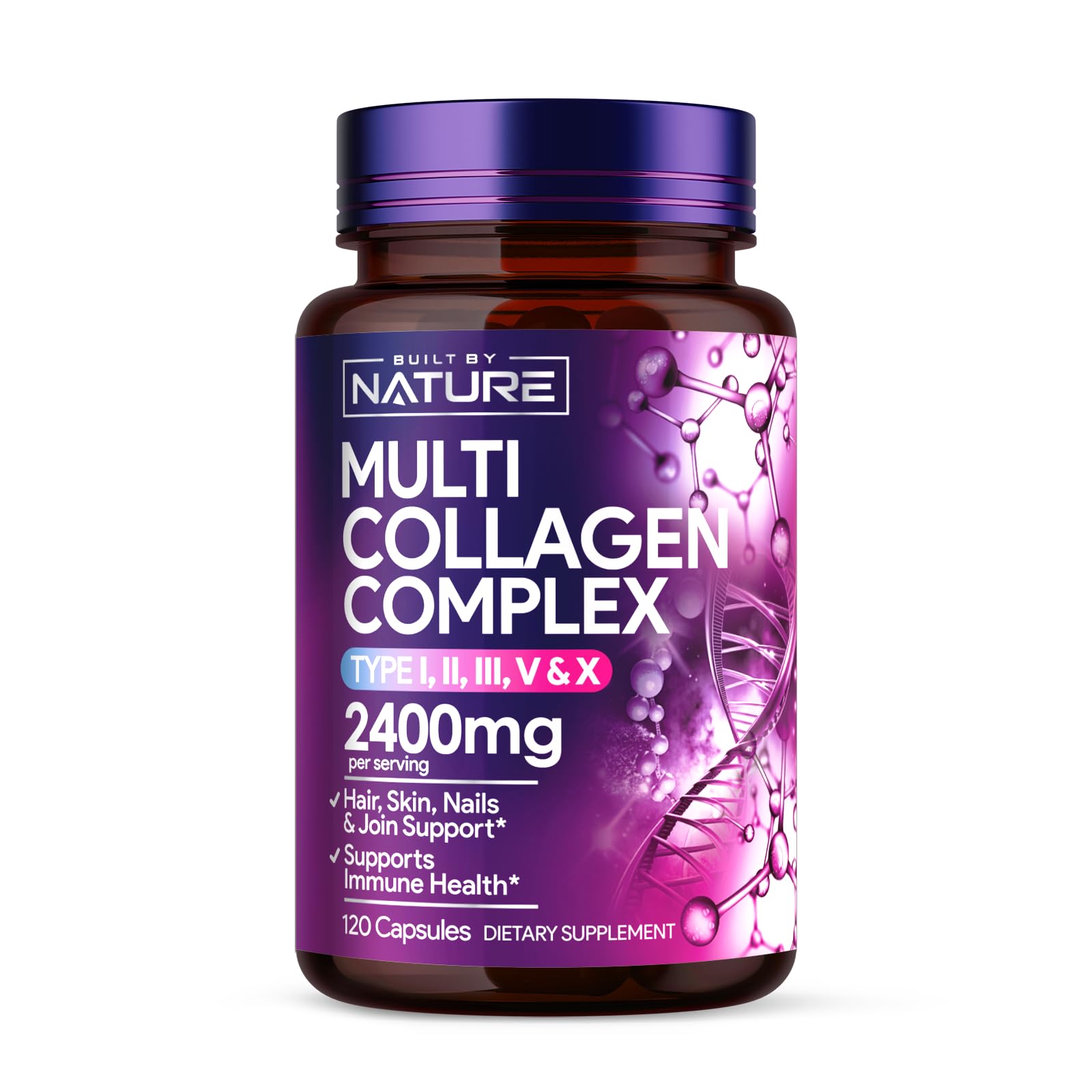 Built by Nature Collagen Pills – Multi Collagen Peptides Complex Supplement for Women – Type I, II, III, V, X for Hair, Skin, Nails, Joints & Bone Health - Hydrolyzed, Grass-Fed - 120 Capsules