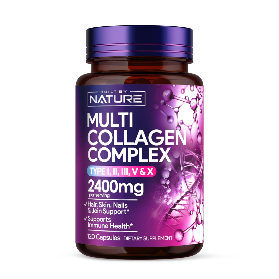 Built by Nature Collagen Pills – Multi Collagen Peptides Complex Supplement for Women – Type I, II, III, V, X for Hair, Skin, Nails, Joints & Bone Health - Hydrolyzed, Grass-Fed - 120 Capsules
