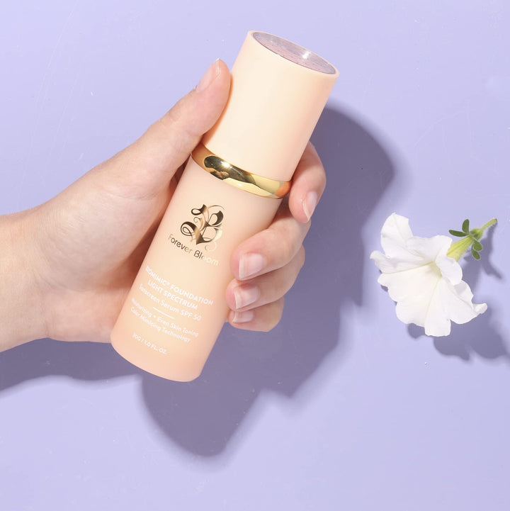Bio Mimic Foundation Light Spectrum by Forever Bloom; Hydrating, Anti-Aging, Concealing, Evening skin tone, Protecting from Sun with SPF50; Lifestyle Lightweight Foundation for Gym, Sports, Dancing