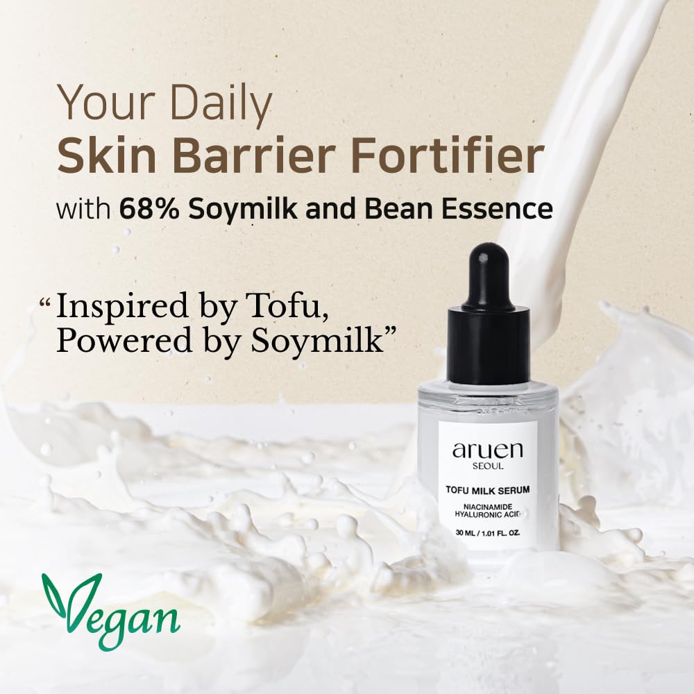 ARUEN Bean Essence Tofu Milk Serum | Korean Skincare | 68% Fermented Soy Milk with Niacinamide, Hyaluronic Acid, Retinol Alternative | Fragrance-Free & Vegan | For Korean Glass Skin (1.01 fl.oz/30ml)