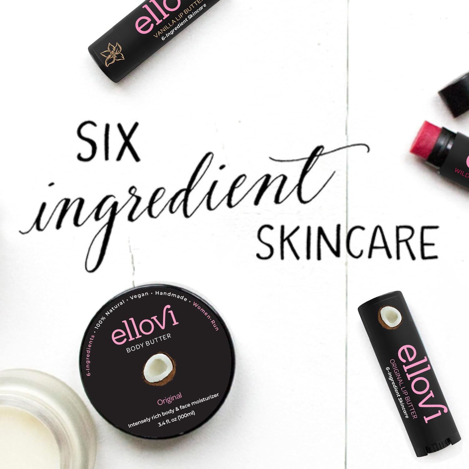 Ellovi Natural Lip Butter Lip Balm - Original - Pure Enough to Eat - Made With Just 6 Vegan Ingredients - 100% Natural & Organic Moisturizing Lip Care for All Day Hydration (Single)