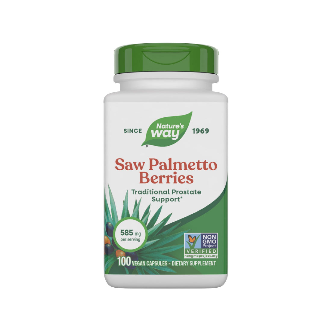 Nature's Way Saw Palmetto Berries, Traditional Prostate Support*, 585 mg per serving, Non-GMO Project Verified, Vegan, 100 Capsules (Packaging May Vary)