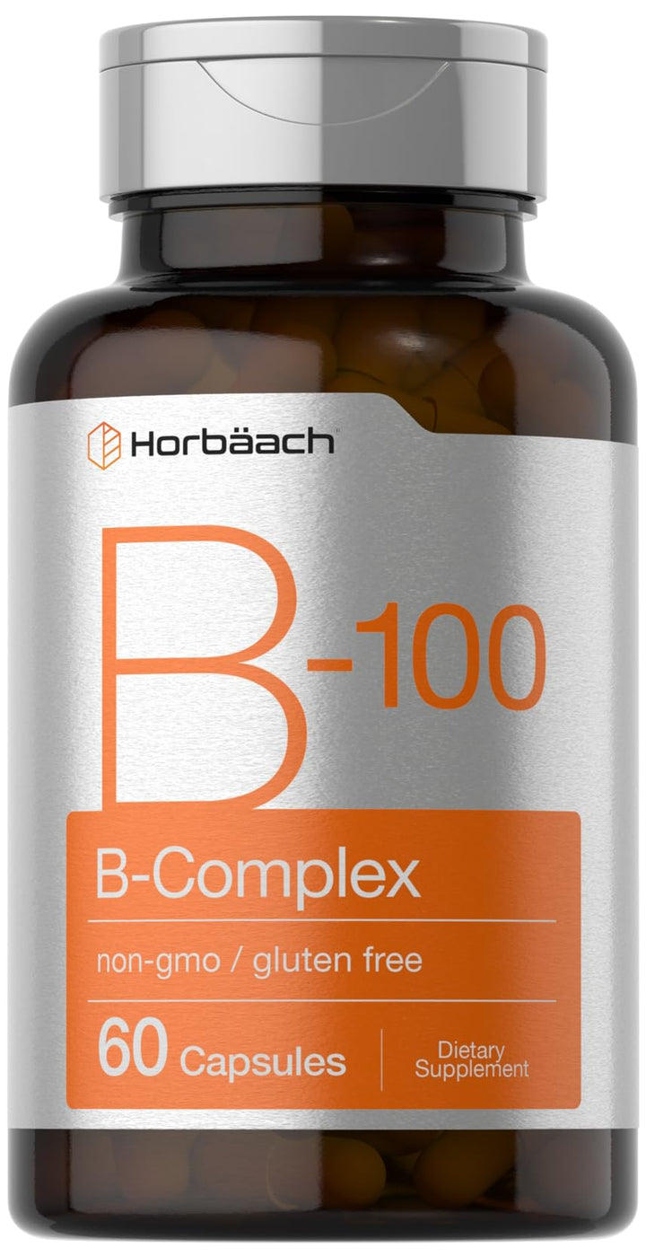 Horbäach Vitamin B-100 Complex | 60 Quick Release Capsules | Non-GMO and Gluten Free Supplement