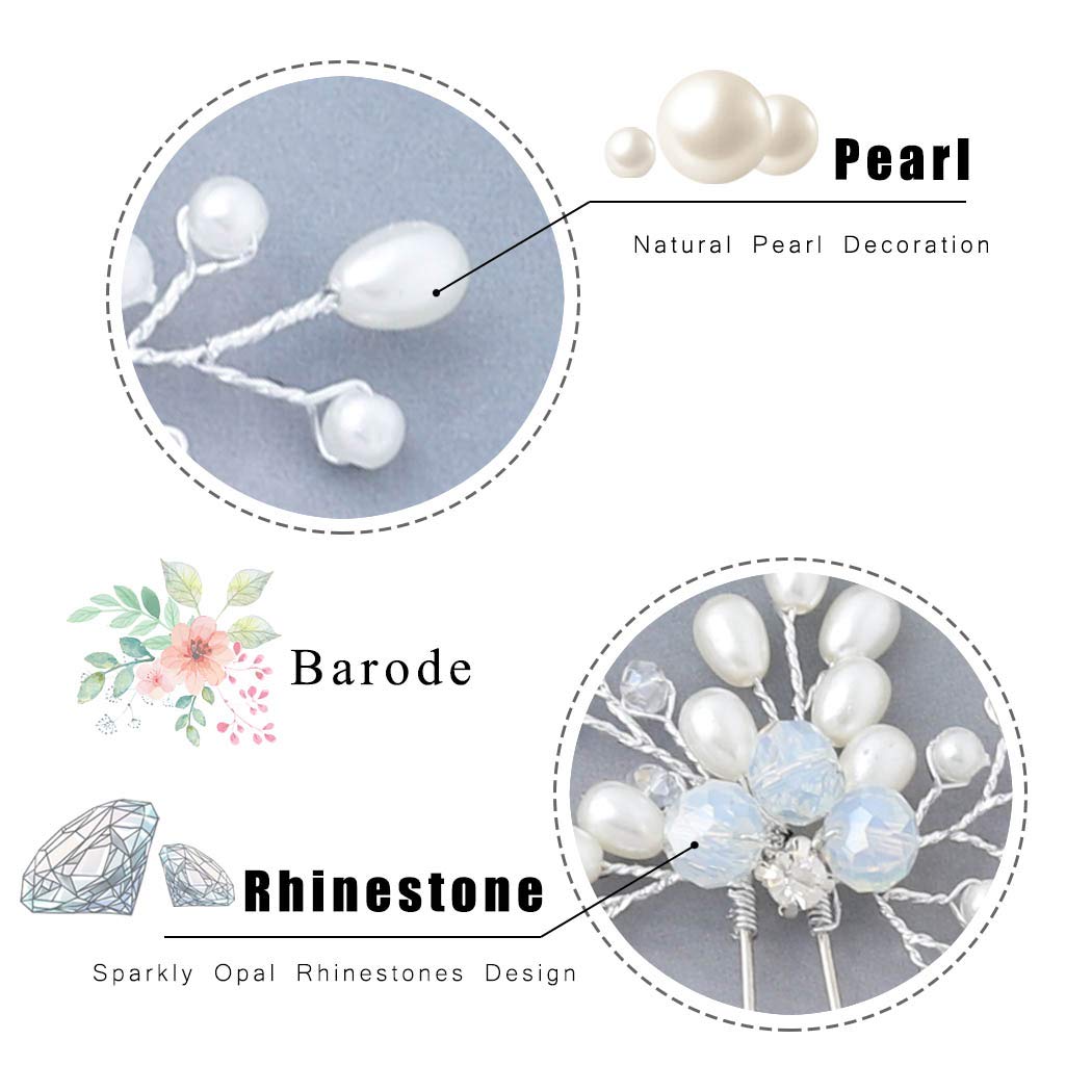 Barode Bride Pearl Wedding Hairpin Rhinestones Bridal Hair Pins Sparkly Crystal Hair Clips Jewelry for Women and Girls (Pack of 2) (Silver)