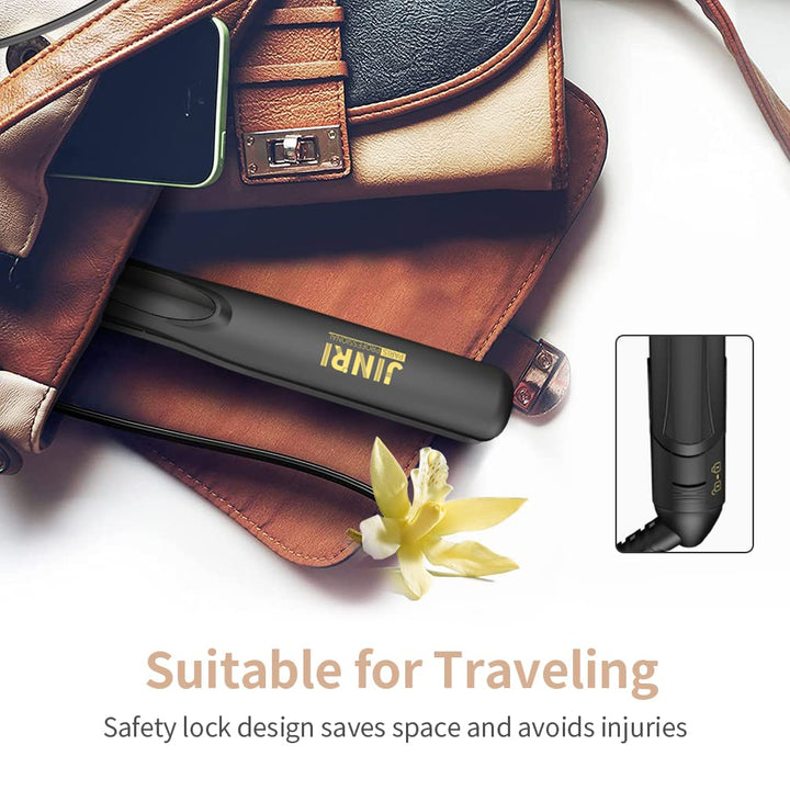 JINRI 0.9 Titanium Hair Straightener, Small Lightweight & Portable Flat Iron for Short Hair, Dual Voltage Straightening Iron, Travel Size, Black