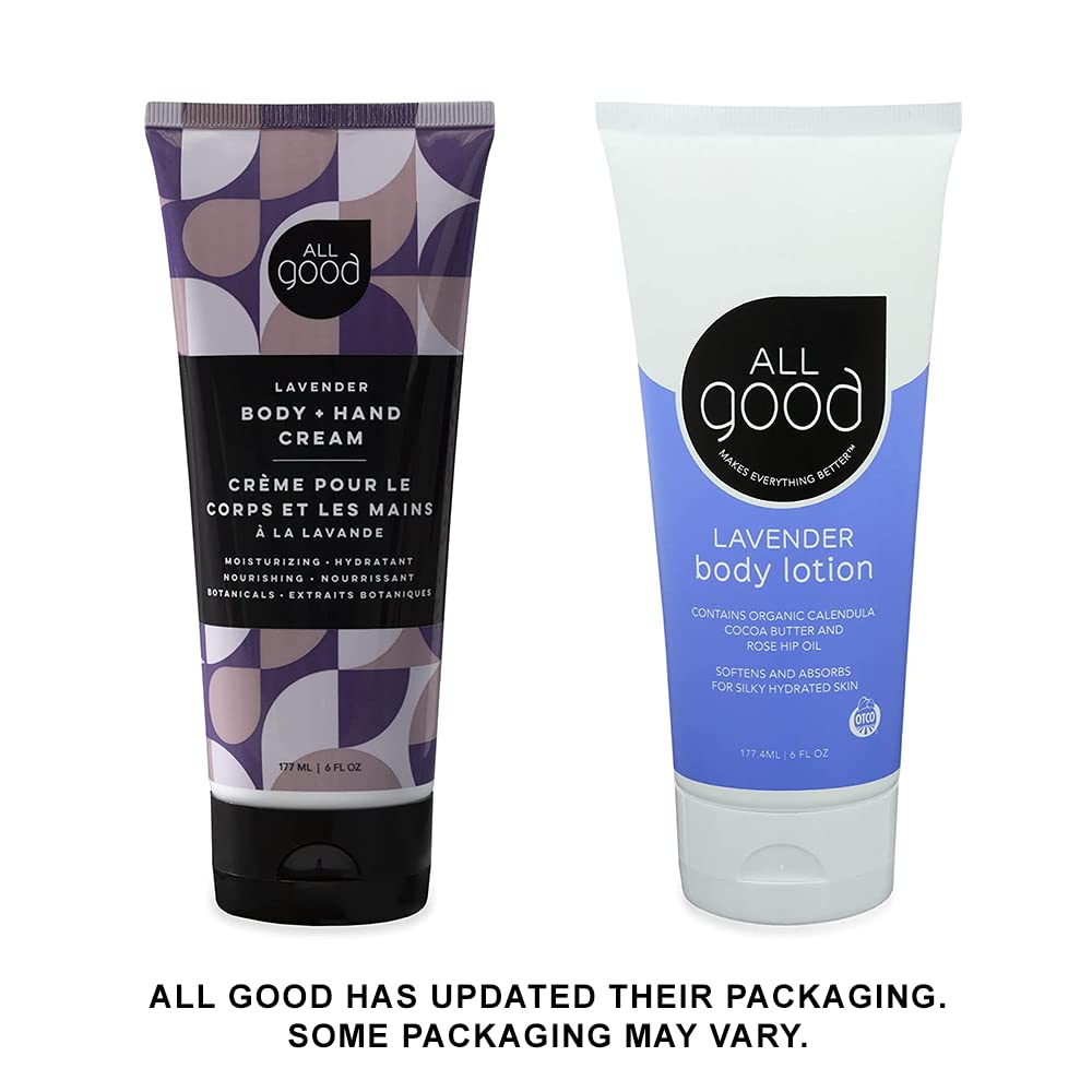 All Good Hand & Body Lotion - Moisturizing Organic Lotion for Dry Skin - Lavender Oil, Cocoa Butter, Rosehip Oil, Arnica, Vitamin E - Non-Greasy Body Butter, 6 fl oz (Lavender)
