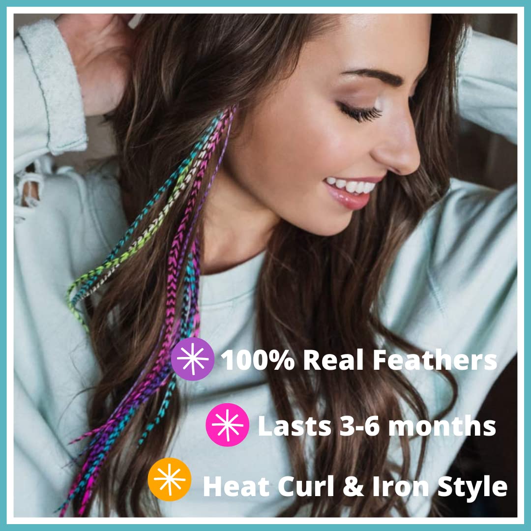 Feather Hair Extensions, 100% Real Rooster Feathers, Long Rainbow Colors, 20 Feathers with Bonus FREE Beads and Loop Tool Kit, By Feather Lily RAIN