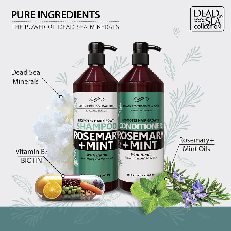 Dead Sea Collection Shampoo and Conditioner Set for Strengthening and Volume - Pure Dead Sea Minerals, Rosemary and Mint – Nutrition, Repair and Shine - Pack of 2 (33.8 & 30.6 Fl. Oz)
