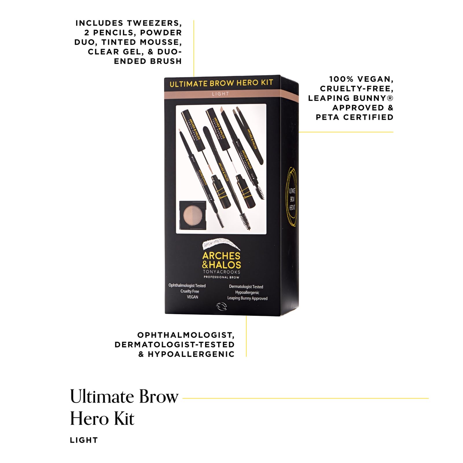 Arches and Halos Ultimate Hero Eyebrow Styling Makeup Kit, Pencil, Gel, Shading, Powder, Mousse, Natural & Bold Precise Brow Shaper, Hypoallergenic, Vegan, Light, Brown, 7 Count