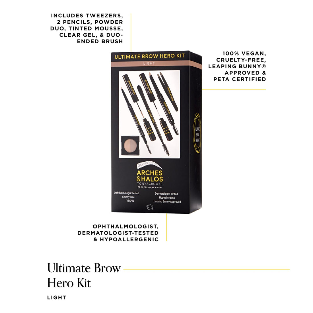Arches and Halos Ultimate Hero Eyebrow Styling Makeup Kit, Pencil, Gel, Shading, Powder, Mousse, Natural & Bold Precise Brow Shaper, Hypoallergenic, Vegan, Light, Brown, 7 Count