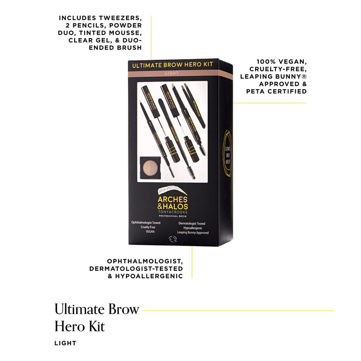 Arches and Halos Ultimate Hero Eyebrow Styling Makeup Kit, Pencil, Gel, Shading, Powder, Mousse, Natural & Bold Precise Brow Shaper, Hypoallergenic, Vegan, Light, Brown, 7 Count